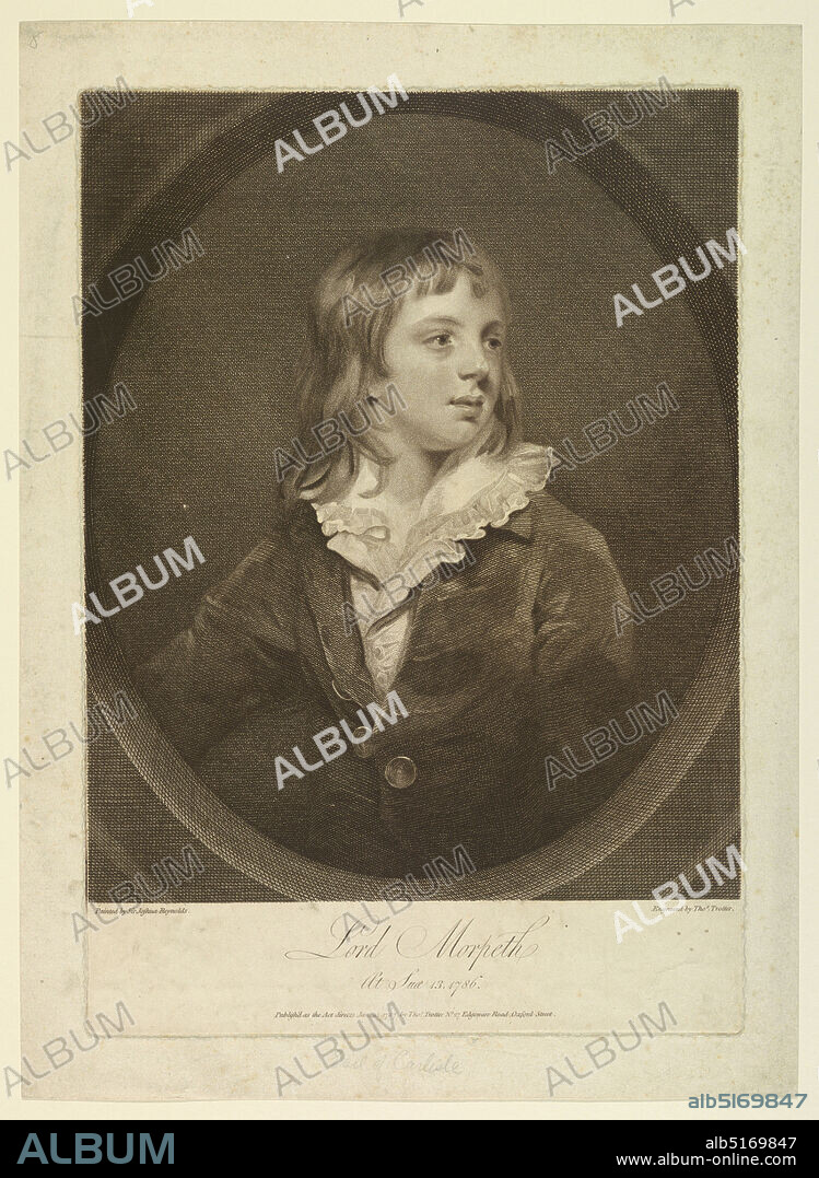 Portrait of George Howard, Sixth Earl of Carlisle, Viscount Morpeth, Thomas Trotter, English, 1750 - 1803, Sir Joshua Reynolds, 1723 - 1792, Engraving in dark brown ink on paper, In an oval medallion, the half length figure of a youth, seen frontally, his head turned slightly to the right. Portrait of George Howard, Sixth Earl of Carlisle, Viscount Morpeth (1773-1848)., England, 1787, Print, Print.