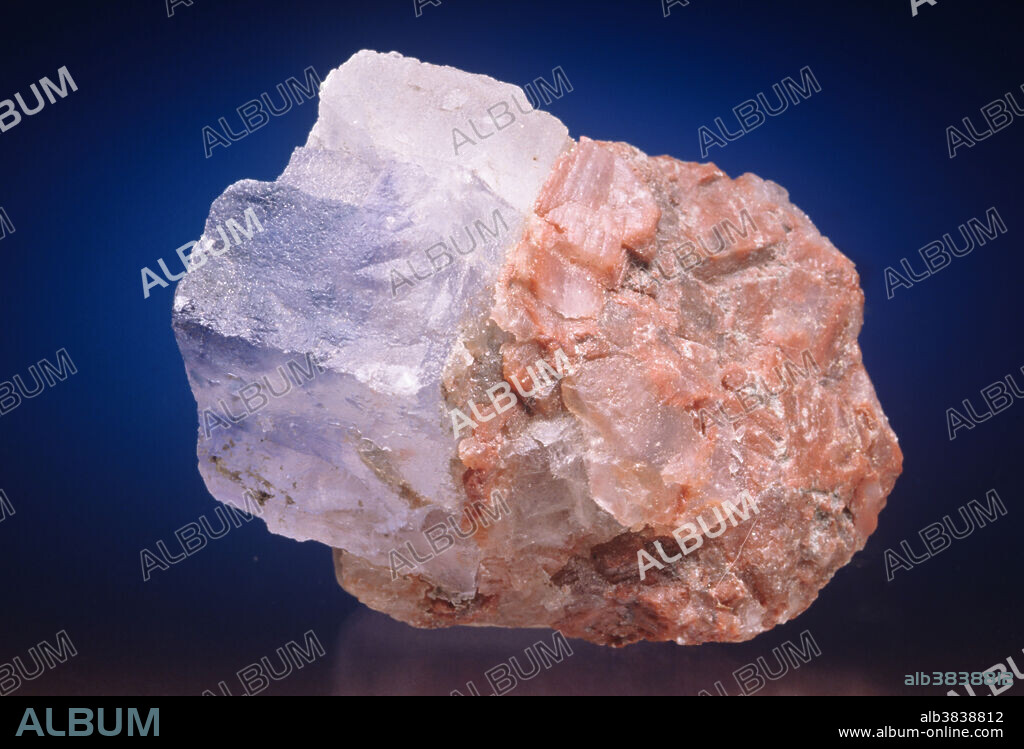 Halite, commonly known as rock salt, is the mineral form of sodium chloride (NaCl). Halite forms isometric crystals. The mineral is typically colourless or white, but may also be light blue, dark blue, purple, pink, red, orange, yellow or grey depending on the amount and type of impurities. Sylvite is potassium chloride (KCl) in natural mineral form. It forms crystals in the isometric system very similar to halite. The two are, in fact, isomorphous. Sylvite is colourless to white with shades of yellow and red due to inclusions. It has a Mohs hardness of 2.5 and a specific gravity of 1.99. Sylvite has a salty taste with a distinct bitterness. Sylvite is one of the last evaporite minerals to precipitate out of solution. As such, it is only found in very dry saline areas. Its principal use is as a potassium fertilizer.