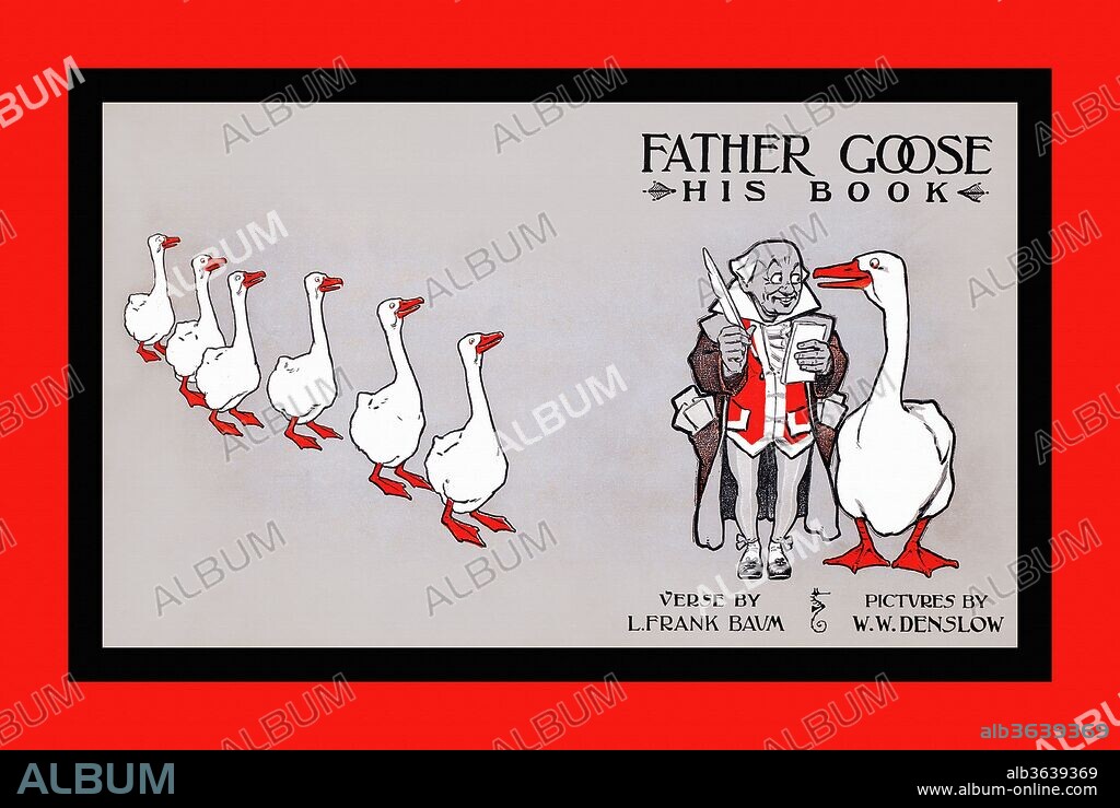 An old man is standing with a goose, with geese in a line next to him., Denslow, W. W., 1905.