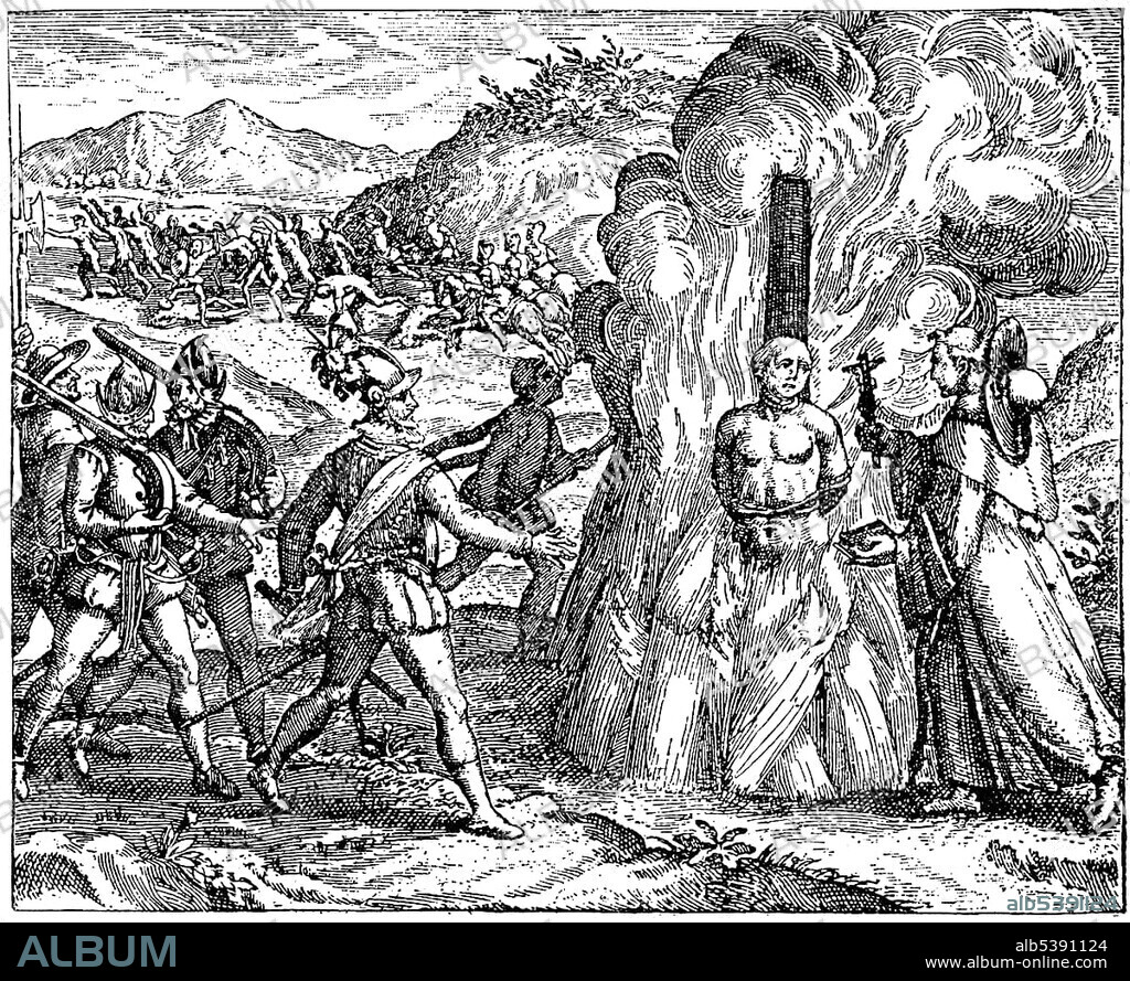 Historic drawing, a monk holding a cross in front of a tortured Indian, illustration on the atrocities committed by Spaniards against Native Americans, 15th century