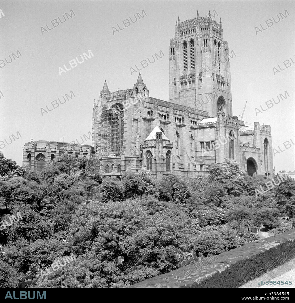 Cathedral Church of Christ, St James Road, Liverpool, Merseyside, 1945-1980. Liverpool Anglican Cathedral was begun in 1904, after Sir Giles Gilbert Scott (1880-1960) won the competition, and has been described as 'the swansong of the Gothic Revival'. It was consecrated in 1924 but not completed until 1978. The cathedral dominates the city from its perch on St James's Mount.