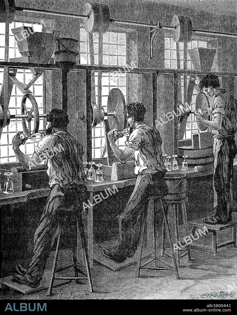Grinding and polishing of crystal glass, 19th century. Glass polishing is a method of the fine grinding of glass by abrasives to produce smooth surfaces or for artistic purposes. Lead glass, commonly called "crystal", is a variety of glass in which lead replaces the calcium content of a typical potash glass. Lead glass is desirable owing to its decorative properties. Originally discovered by Englishman George Ravenscroft in 1674, the technique of adding lead oxide (between 10 and 30%) improved the appearance of the glass and made it easier to melt using sea-coal as a furnace fuel. This technique also increased "working period" making the glass easier to manipulate. From the 18th century, English lead glass became popular throughout Europe, and was ideally suited to the new taste for wheel-cut glass decoration perfected on the Continent owing to its relatively soft properties Towards the end of the 18th century, lead-crystal glass was being produced in France, Hungary, Germany, and Norway.