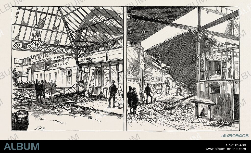 THE DISASTROUS EXPLOSION AT VICTORIA STATION, LONDON: EXTERIOR VIEW, SHOWING THE DAMAGE TO THE STATION OF THE BRIGHTON LINE (LEFT IMAGE); THE WRECKED CLOAK ROOM SEEN FROM THE BOOKING-OFFICE (RIGHT IMAGE).