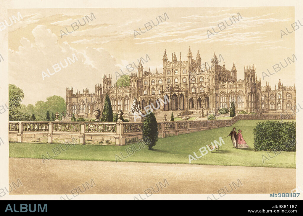 Eaton Hall, Cheshire, England. Gothic style mansion built by William Porden in 1803 for Robert Grosvenor, 2nd Earl Grosvenor., later altered by architect William Burn. Colour woodblock by Benjamin Fawcett in the Baxter process of an illustration by Alexander Francis Lydon from Reverend Francis Orpen Morriss Picturesque Views of the Seats of Noblemen and Gentlemen of Great Britain and Ireland, William Mackenzie, London, 1880.