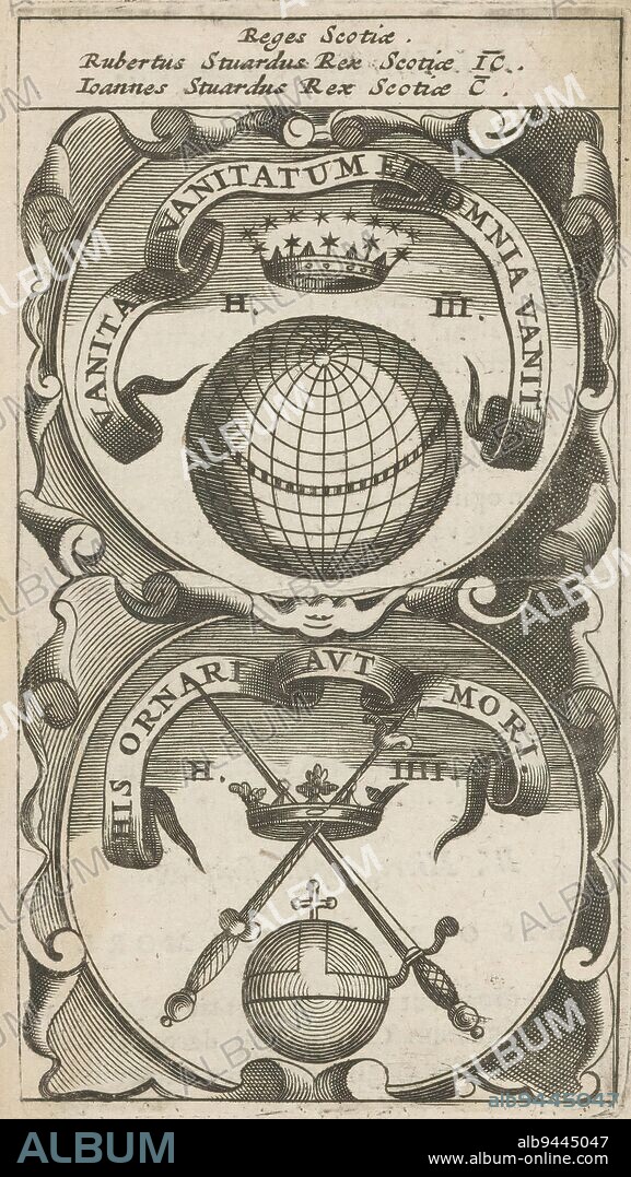 Globe with crown of heaven / Reich's apple with crown, scepter and sword, Vanitas Vanitatum Et Omnia Vanit / His Ornari Aut Mori (title on object), Symbola Divina et Humana Pontificum Imperatorum Regum (series title), An emblem with two representations. Above a globe with a crown of stars or heaven above it. Below an imperial apple with a crossed scepter and sword through a crown. These are mottoes of Robert II of Scotland and James I of Scotland., print maker: anonymous, after print by: Aegidius Sadeler (II), 1666, paper, engraving, letterpress printing, height 116 mm × width 64 mm.