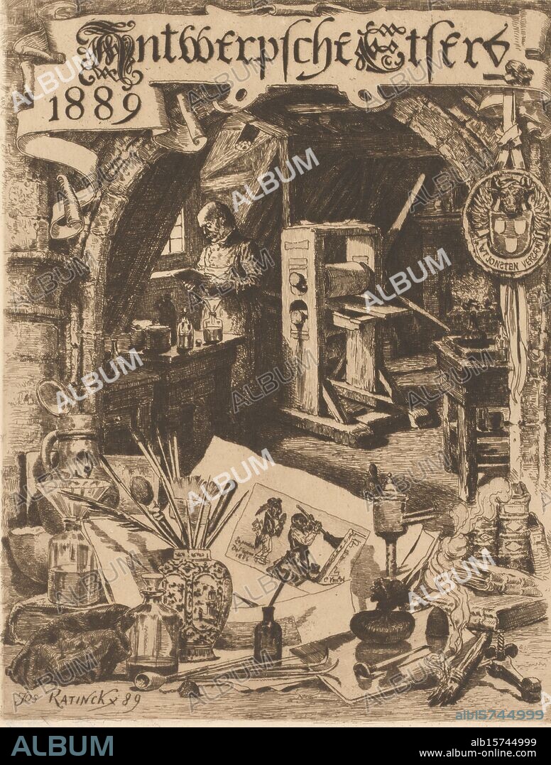Graphic artist in his workshop with various graphic attributes in the foreground, Antwerpsche Etsers 1889 (title on object), Album der Antwerpsche Etsers 1889 (series title), print, print maker: Jos Ratinckx, (mentioned on object), 1889, paper, etching, retroussage, height, 270 mm × width, 211 mm.