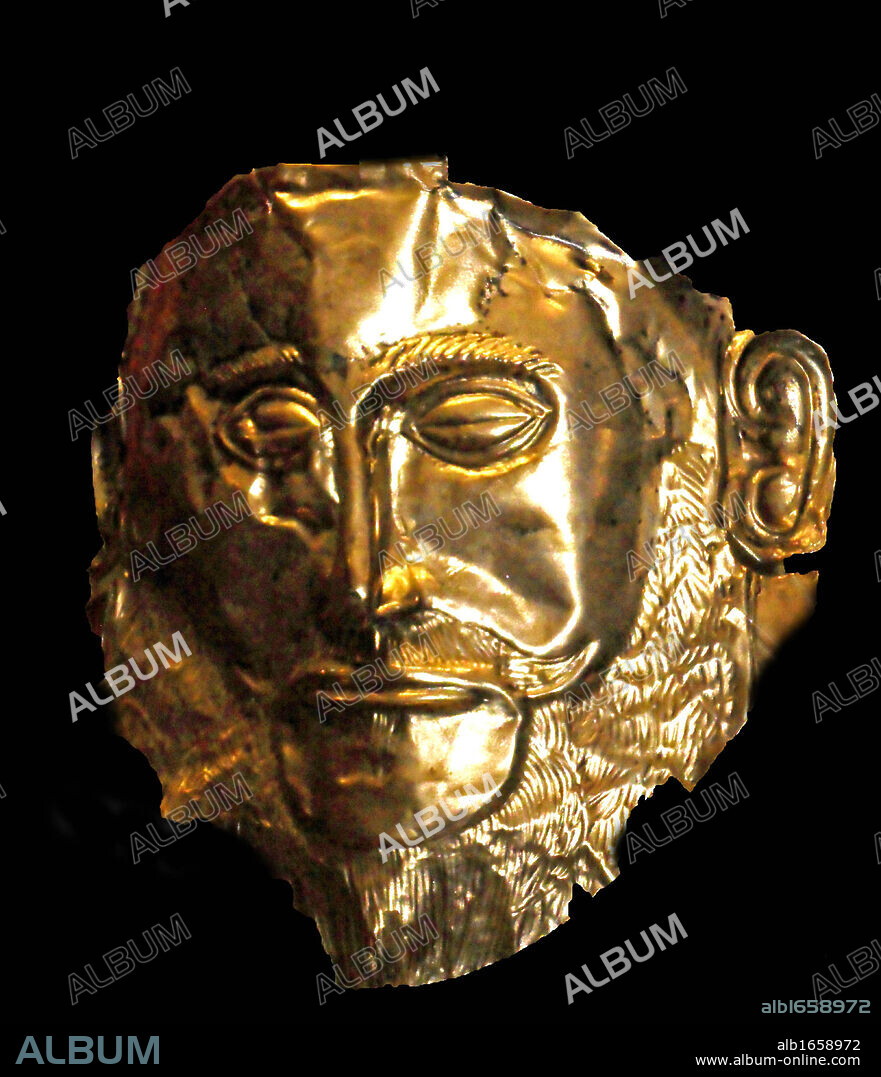 The Mask of Agamemnon is an artefact discovered at Mycenae in 1876 by Heinrich Schliemann. The mask is a gold funeral mask. Schliemann believed that he had discovered the body of the legendary Greek leader Agamemnon. today archaeological research suggests the mask is from 1550-1500 B.C.E.