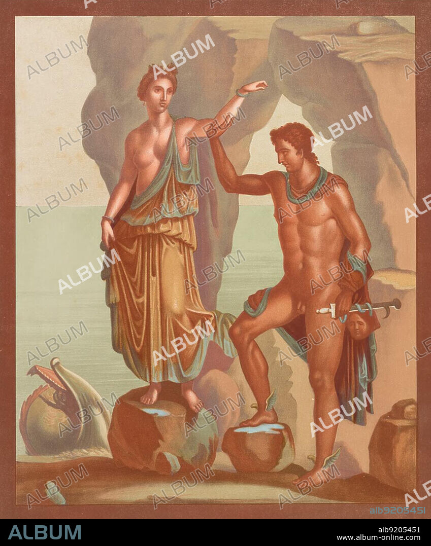 Perseus und Andromeda, Wandmalerei, Fresko aus dem historischen Pompeji, digital restauriert / Perseus and Andromeda, wall painting, fresco from historical Pompeii, digitally restored.