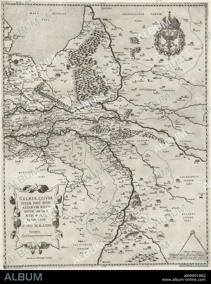 Map of Gelderland, Paolo Forlani, after Jacob van Deventer, 1563, Map of Gelderland, Kleve and part of Limburg. Bottom left a cartouche with the title, bottom right the compass with scales. Top right the imperial coat of arms with the Golden Fleece. All inscriptions in Latin., print maker: Paolo Forlani, (mentioned on object), Jacob van Deventer, publisher: Giovanni Francesco Camocio, (mentioned on object), print maker: Italy, publisher: Venice, 1563, paper, engraving, h 488 mm × w 384 mm.