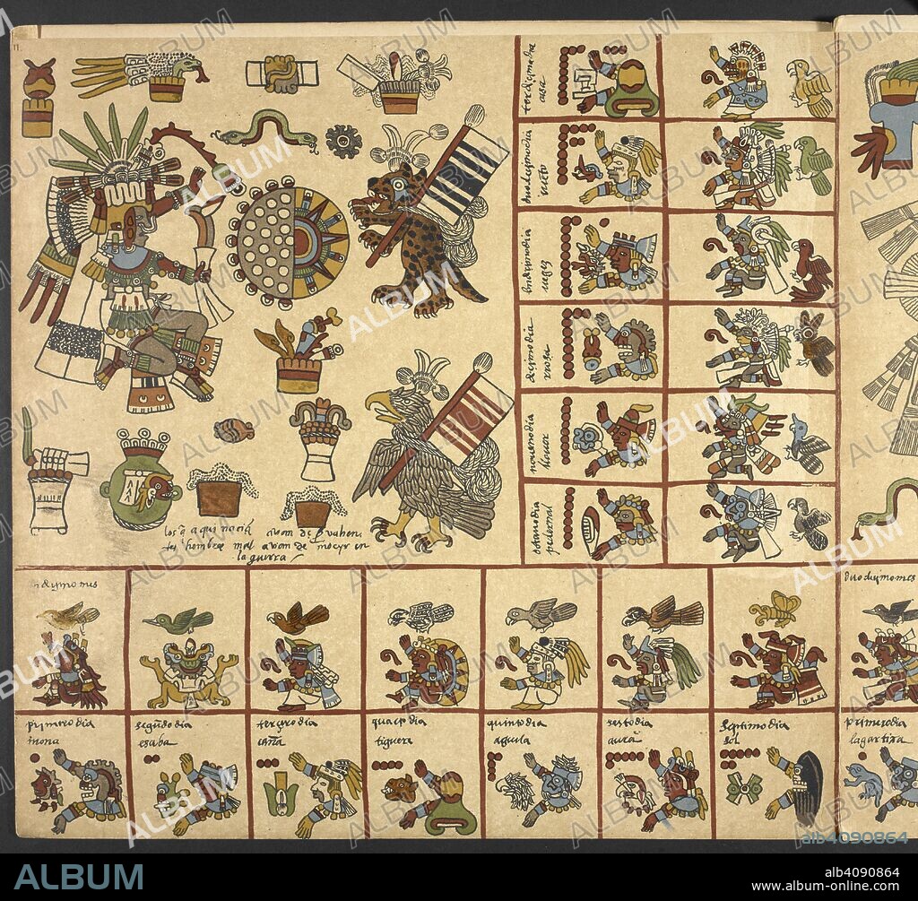 ERNEST THEODORE HAMY. In the centre, a representation of an eclipse;On the left, Pantecatl, the god of healing and fertility. Plate from a facsimile of the Codex Borbonicus. Codex Borbonicus. Manuscrit mexicain de la BibliotheÌ€que du Palais Bourbon, livre divinatoire et rituel figureÌ, publieÌ en facsimileÌ avec un commentaire explicatif par M. E.-T. Hamy. pp. 24. ff. 38. Paris, 1899. A facsimile of the Aztec codex. Source: 14001.g.20 plate 11.