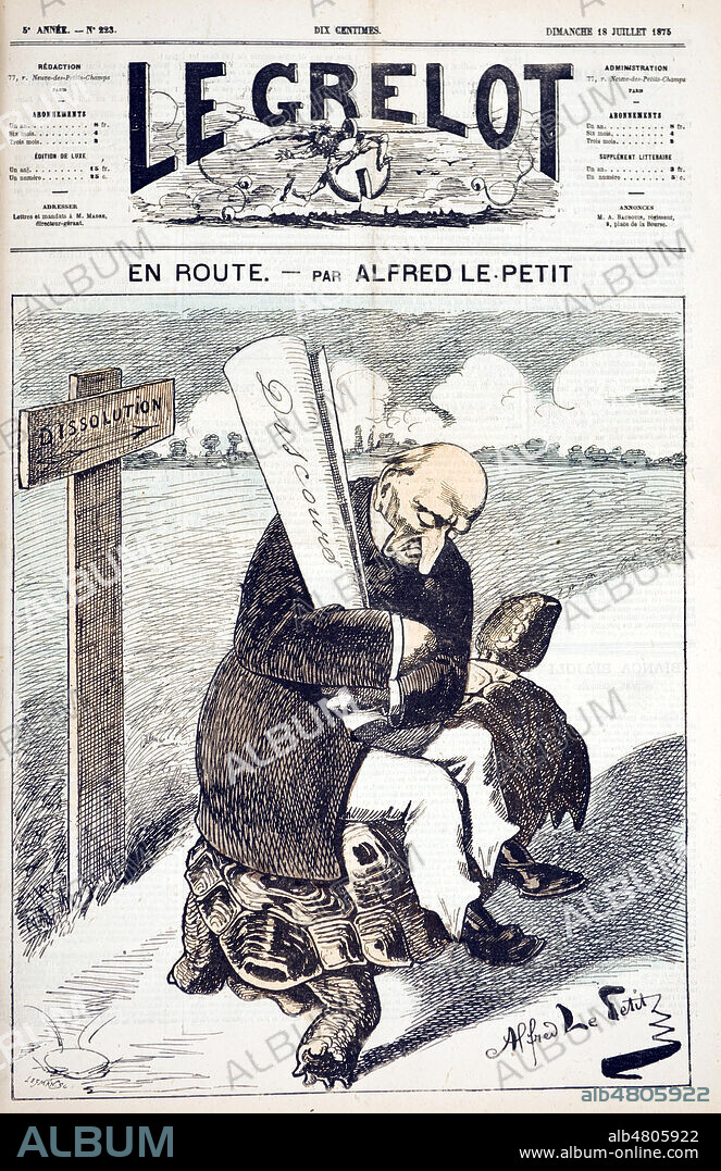 En route (Homme politique, peut-etre Albert de BROGLIE (1821-1901) dormant en tenant son discours et se dirigeant lentement sur le dos d'une tortue vers la loi constitutionnelle du 16 juillet 1875 sur la dissolution de la Chambre des Deputes par le President de la Republique). Caricature par Alfred LE PETIT (1841-1909) pour Le Grelot du 18 juillet 1875. Credit : Collection Kharbine-Tapabor.