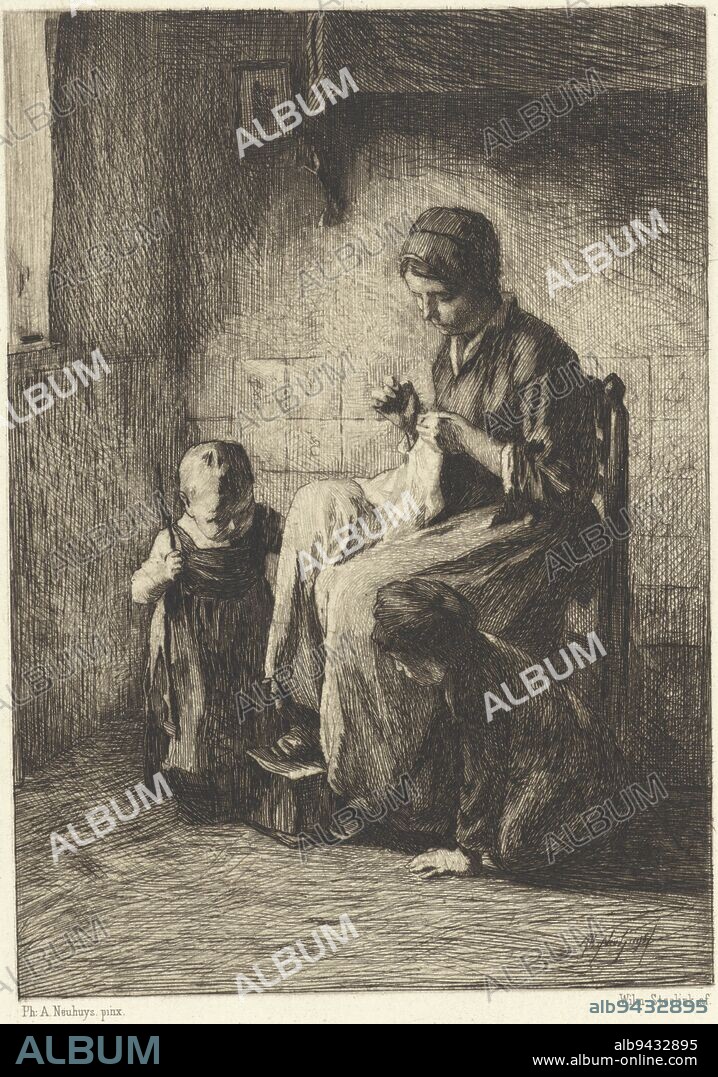 Playing hide and seek, Willem Steelink (II), after Albert Neuhuys (1844-1914), 1866 - 1928, Two children are playing hide and seek. Their mother is sitting on a chair between them and is busy with handicrafts., print maker: Willem Steelink (II), (mentioned on object), after: Albert Neuhuys (1844-1914), (mentioned on object), Netherlands, 1866 - 1928, paper, etching, h 229 mm × w 174 mm.