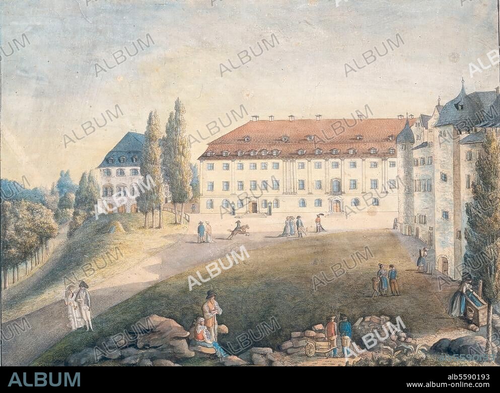 L. B. KÖNIG. Weimar (Thüringen), Fürstenhaus. (erb. 1770-74; Arch.: Johann Gottfried Schlegel; seit 1951 Teil der Hochschule für Musik Franz Liszt). Fürstenplatz mit dem Fürstenhaus, links die Bibliothek, rechts das Rote Schloß. Aquarell, um 1790, von L.B.Koenig. Weimar, Stiftung Weimarer Klassik.
