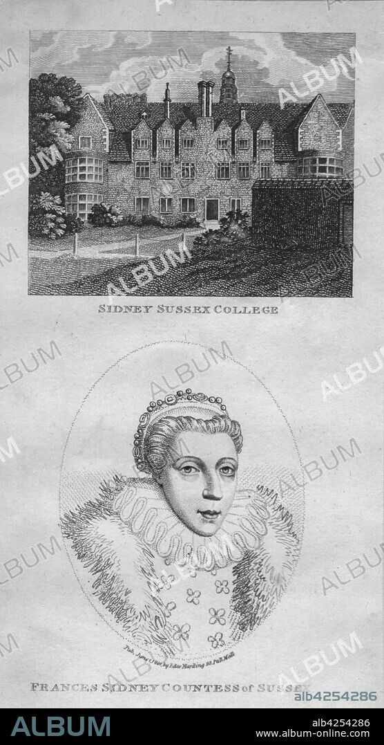 'Sidney Sussex College; Frances Sidney Countess of Sussex', 1801. View of Sidney Sussex College, Cambridge, and a portrait of its founder, Frances Radclyffe (née Sidney), Countess of Sussex (1531-1589), Lady of the Bedchamber to Queen Elizabeth I. [Edward Harding, London, 1801].