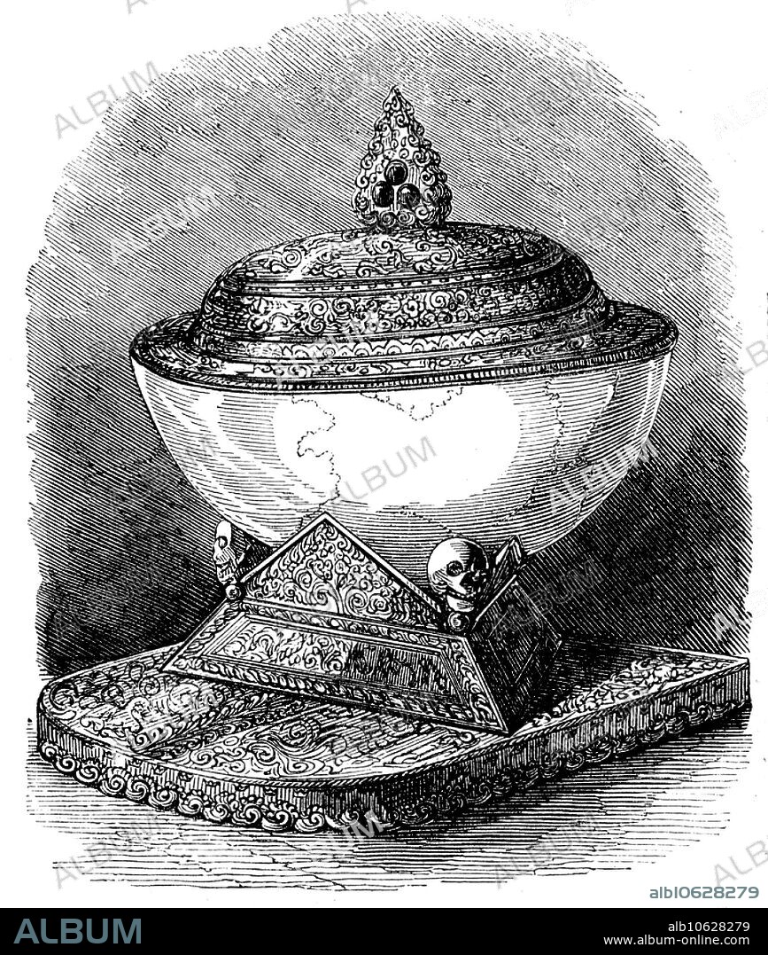 The International Exhibition: drinking-cup formed from a human skull, in the Chinese Court, 1862. 'This object...was taken from the Summer Palace of Pekin...by an officer of Fane's Horse [a cavalry regiment of the British Indian Army]...The skull is set in massive gold...a few very small jewels are added; the arch-shaped base the triangular foot, and the cover being entirely formed of solid gold...In the horizontal band, which may be regarded as the rim of the cup, a series of small stones are set, and in the broad vertical band surrounding the lid there are also jewels; likewise in the knob at the top there are stones...Peculiar interest is excited by this work, as it is said to be formed of the skull of Confucius, and that it is mounted in this rich style in honour of its former owner. Others affirm that this is not the case, and that the skull belonged to a great rebel who was slain, and as the head of John the Baptist was presented to Herodius on a charger, so the skull of the enemy was presented to the chief of the Celestial Empire to satisfy his malignity...we should rather judge it to be a sacred than profane cup; and to us, with but limited knowledge of the worship of the Chinese, it seems to bear upon it tokens of religious service'. From "Illustrated London News", 1862.