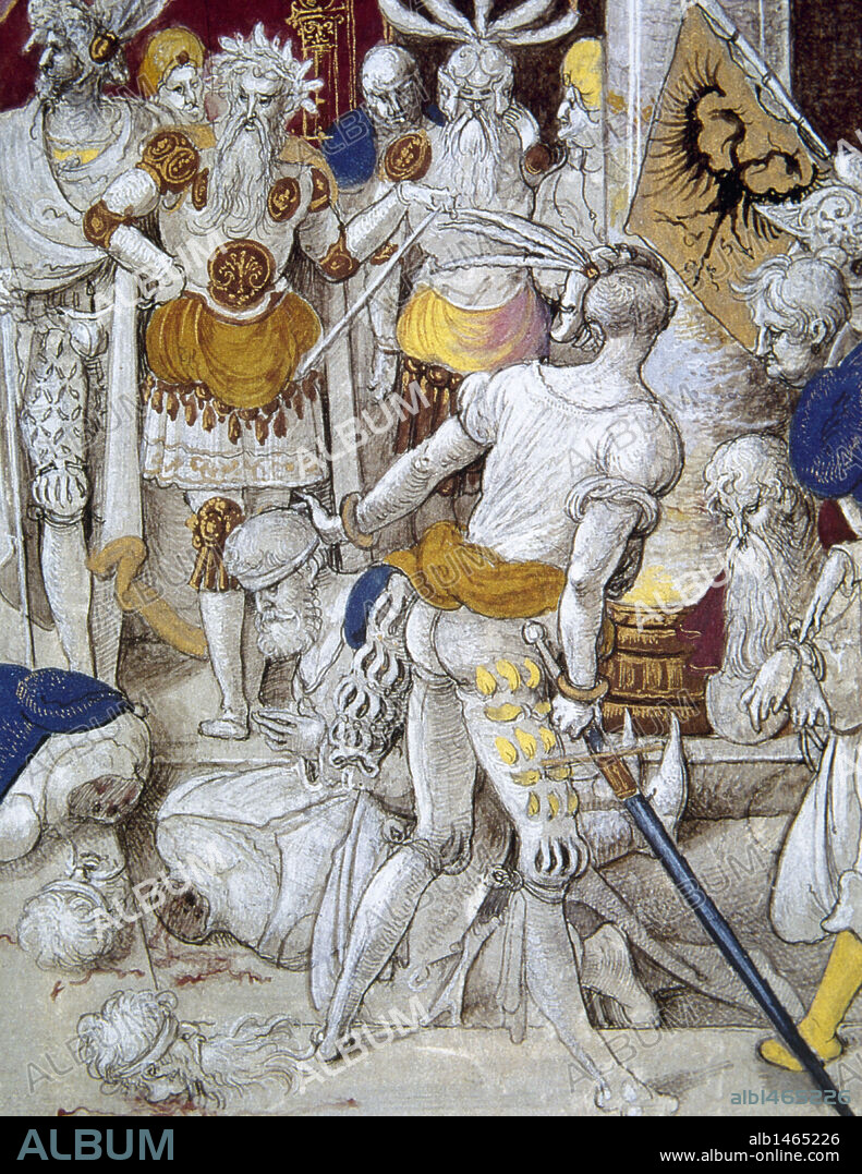 History of Gaul. Cesar looks at the slaughter of his enemies. Miniature of the 16th century. Chateau de Chantilly. France.