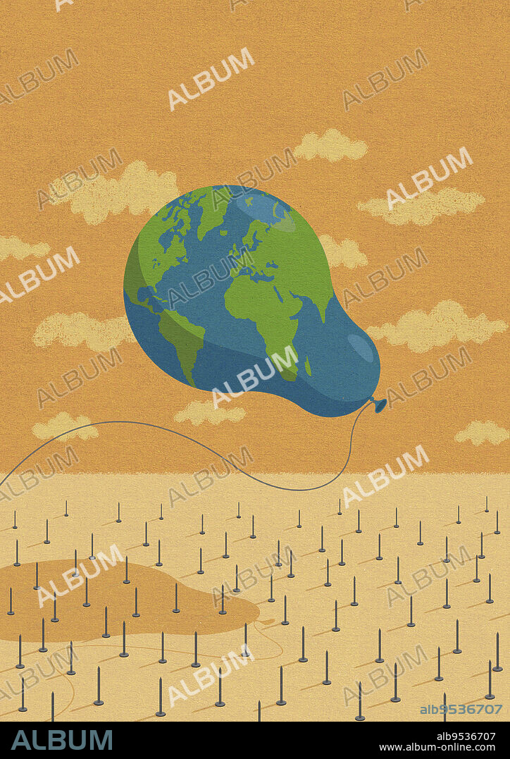 World as pear shaped balloon landing on nails.