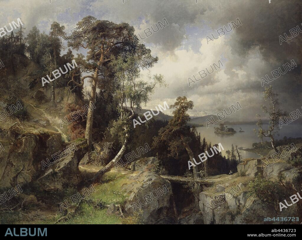 Alfred Wahlberg, Swedish Landscape, Motif from Kolmården, Swedish landscape, Design from Kolmården, painting, landscape art, 1866, oil on canvas, Height, 169 cm (66.5 inches), Width, 226 cm (88.9 inches), Signed, Alfr, Wahlberg 66.