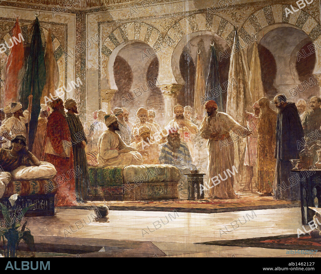 Abd-ar-Rahman III (889- 961). Emir and Caliph of Al-Andalus. Abd-ar-Rahman III and his court (1885) by Dionisio Baixeras Verdaguer (1862-1943) depicting the Caliph's reception of the monk John Gorze, appointed ambassador of Emperor Otto I. University of Barcelona. Catalonia. Spain.
