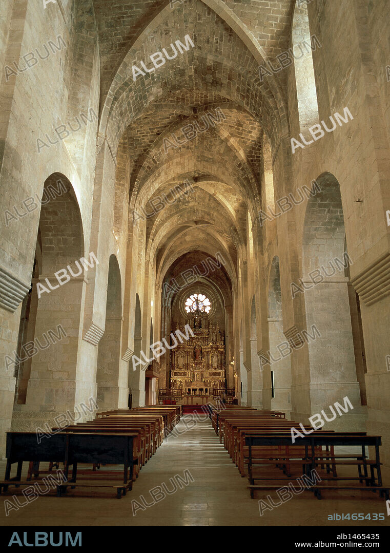 Romanesque art. Monastery of Santes Creus. Cistercian Abbey. Interior of the church built between 1174 and 1225 and covered with vault. Aiguamurcia. Catalonia. Spain.