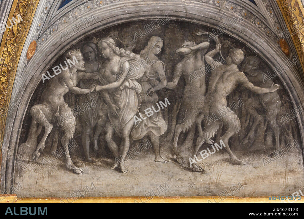 Ferrara, Palazzo Costabili or Palazzo di Ludovico il Moro (today it is the seat of the National Archaeological of Spina), Aula Costabiliana o Hall of the Treasure, vault, XVI century frescoes by Benvenuto Tisi, known as il Garofalo: detail of one of the lunettes that represent the myth of Eros and Anteros, a literary work by the humanist Celio Calcagnini, a close friend of Costabili, who chose his work to inspire Garofalo and his collaborators.
