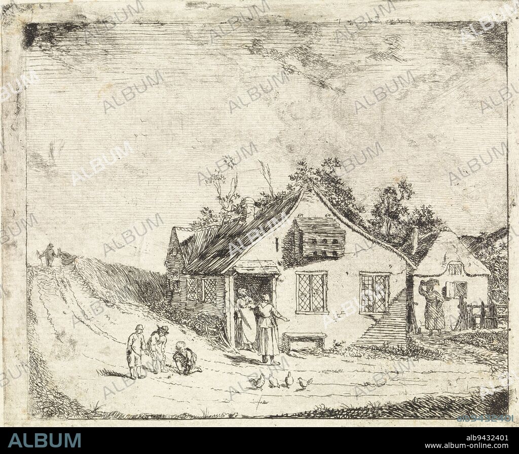 In front of two thatched houses along a road a couple of women are talking. Another woman is carrying a basket on her head. Behind the houses there are trees. On the road chickens are scratching and three children are playing with marbles. On the facade of the largest house hangs a dovecote. At the top of the sloping road there is a man carrying a riding animal by the hand., Two houses on a road, print maker: Johannes Huibert Prins, 1767 - 1806, paper, etching, h 126 mm × w 147 mm.