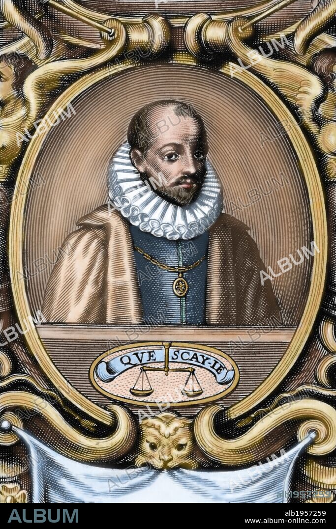 MONTAIGNE, Michel Eyquem de (Castillo de Montaigne, 1533-1592). Escritor francés. Su pensamiento es una sabiduría que, bajo aspectos estoicos, se fuerza a mantener el ocio, la felicidad y la libertad del hombre en ese periodo turbulento, unas veces con ayuda de la razón y otras de la naturaleza. Grabado coloreado.