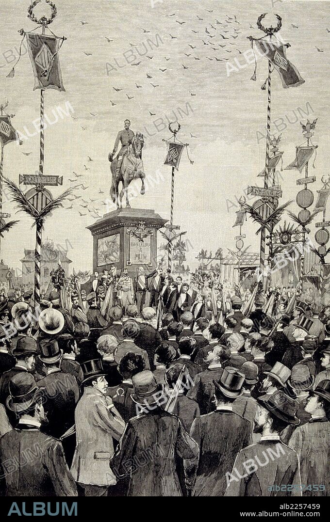 BARCELONA. INAGURACION DEL MONUMENTO AL GENERAL PRIM. DIBUJO DE M. OBIOLS DELGADO. ILUSTRACION ESPAÑOLA Y AMERICANA , AÑO 1887.