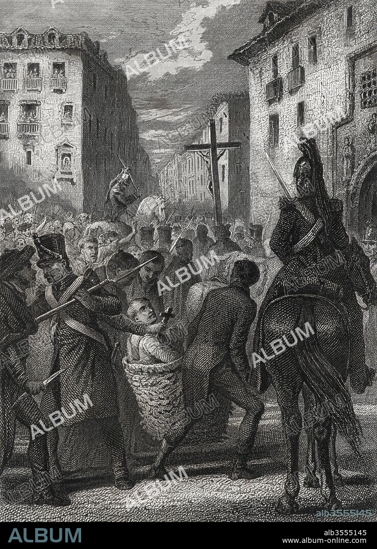 España. Suplicio de Rafael del Riego Flórez (1784-1823), militar y político liberal español, arrastrado en un serón por las calles de Madrid hasta el patíbulo donde fue ahorcado y decapitado tras haber sido sentenciado a muerte por alta traición. Grabado de 1864.