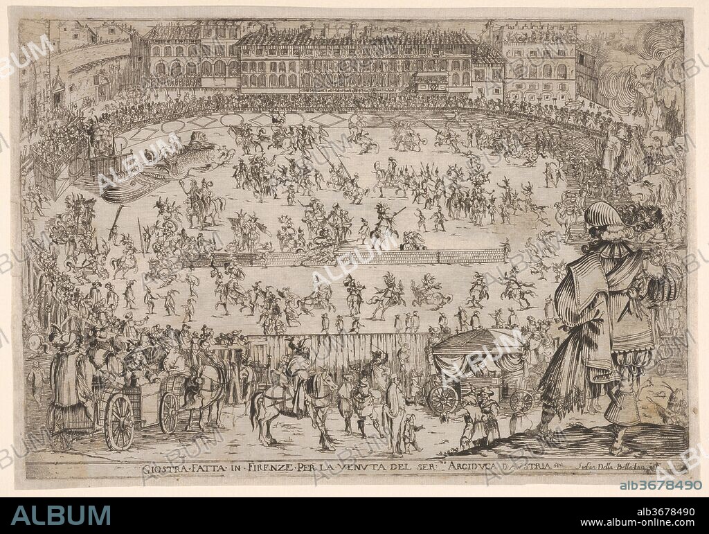 Joust held in Florence for the arrival of the archduke of Austria, an oval arena with many horsemen and pedestrians, spectators in carriages in the foreground, a row of houses at center in the background, from 'Combattimento e balletto a cavallo'. Artist: Stefano della Bella (Italian, Florence 1610-1664 Florence). Dimensions: Sheet: 7 7/8 x 11 1/8 in. (20 x 28.3 cm)
Plate: 7 1/2 x 10 13/16 in. (19 x 27.5 cm). Series/Portfolio: 'Combattimento e balletto a cavallo'. Date: ca. 1624.