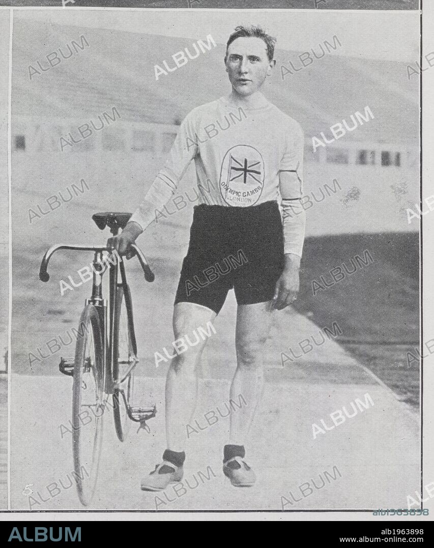 C.B. Kingsbury (Great Britain), winner of 20 kilometres cycling, after a terrific race, by six inches. Clarence Brickwood Kingsbury. British track cyclist who won the gold medal in the 20 kilometres competition as well as in the team pursuit as member of the British team. Illustrated Sporting & Dramatic News. 18th July 1908. Photograph from a newspaper on the 1908 Olympic summer Games in London. Source: Illustrated Sporting & Dramatic News, page 803 detail. Language: English.