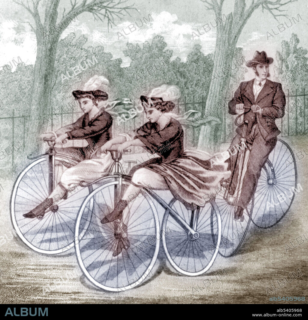 Boy and girl riding velocipedes in a park followed by a man also on a velocipede. A velocipede is a human-powered land vehicle with one or more wheels. The most common type of velocipede today is the bicycle. Bicycles were introduced in the late 19th century in Europe, and by the early 21st century, more than 1 billion have been produced worldwide. No artist credited, cropped tobacco label, 1869.