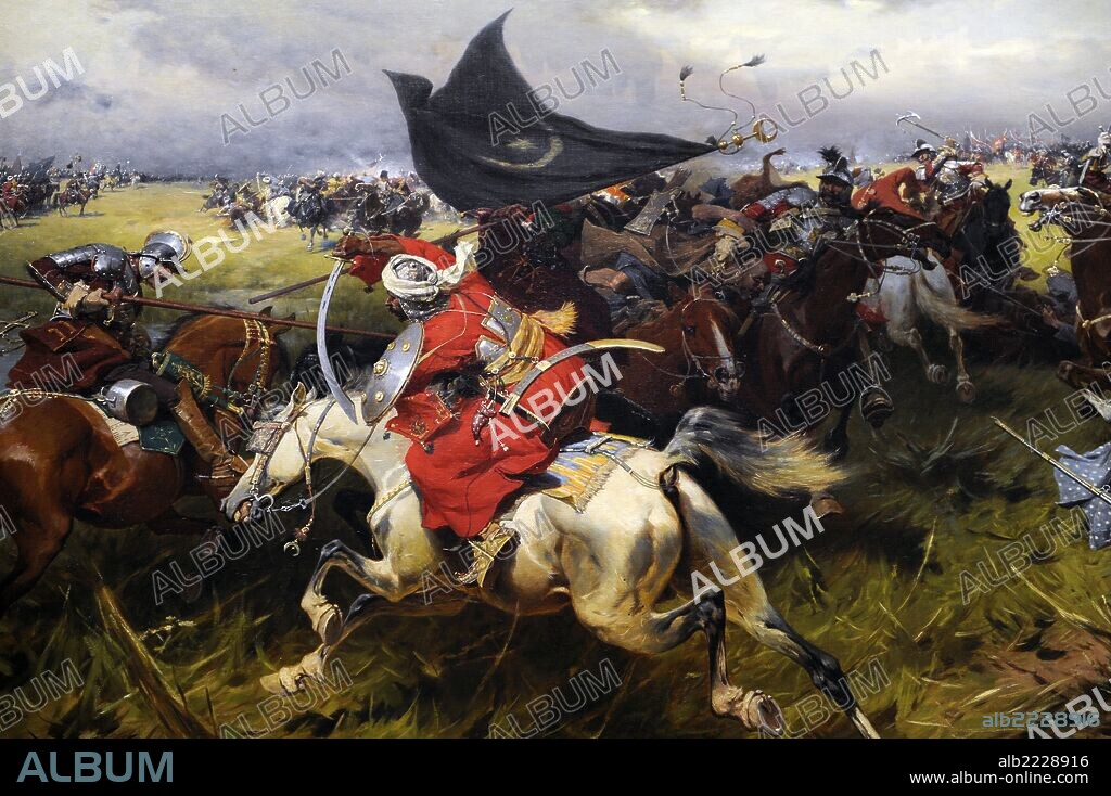 ARTE S. XIX. POLONIA. JOZEF BRANDT (1841-1915). Pintor polaco, conocido por sus pinturas de batallas. "Lucha por la bandera turca", Oleo sobre lienzo, 1905. Contexto histórico de la Guerra Polaco-Turca (1672-1676). Museo Galería Nacional. "National Museum Gallery". Cracovia. Polonia.