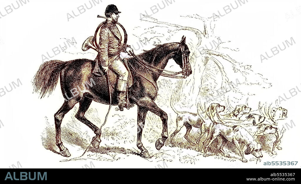 Oberpiqueur, responsible hunt leader of a parforce hunt, and pack of dogs, Historisch, historical, digital improved reproduction of an original from the 19th century, colored.