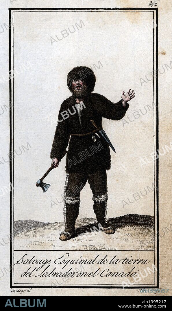 Indio salvaje esquimal de la Tierra del Labrador en Canadá. Grabado en color de 1805.