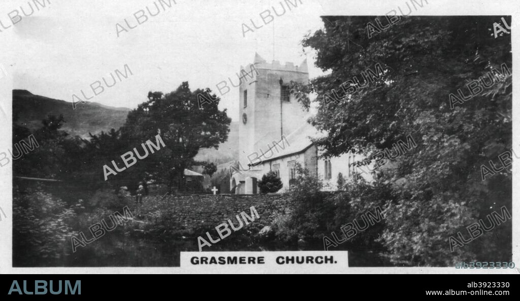 'Grasmere Church', Wordsworth's burial place, Cumbria, c1920s. Parts of St Oswald's Church dates from the 13th century. English poet William Wordsworth (1770-1850) is buried there. Cigarette card produced by the Westminster Tobacco Co Ltd, The second series of British royal and ancient buildings.