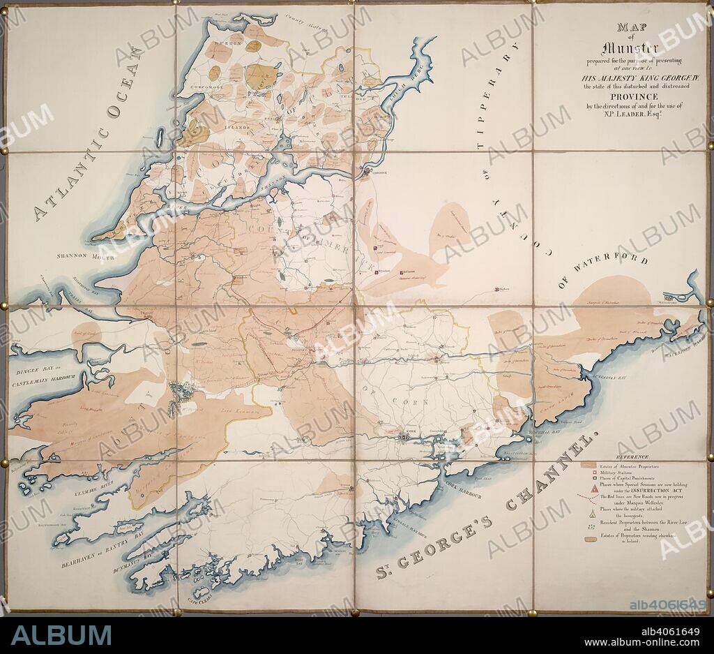 Map of Munster. Map of Munster. Ireland; circa 1828. [Whole map] Map of Munster, relating to the civil unrest in the province. Indicated on the map are the estates of absentee and resident proprietors, military stations, location of special courts, places of capital punishment, new roads, and limestone and coal mines. Prepared for Nicholas Philpot Leader, and probably presented to the Marquess of Anglesey  Image taken from Map of Munster.  Originally published/produced in Ireland; circa 1828. . Source: Add. 63632,. Language: English.