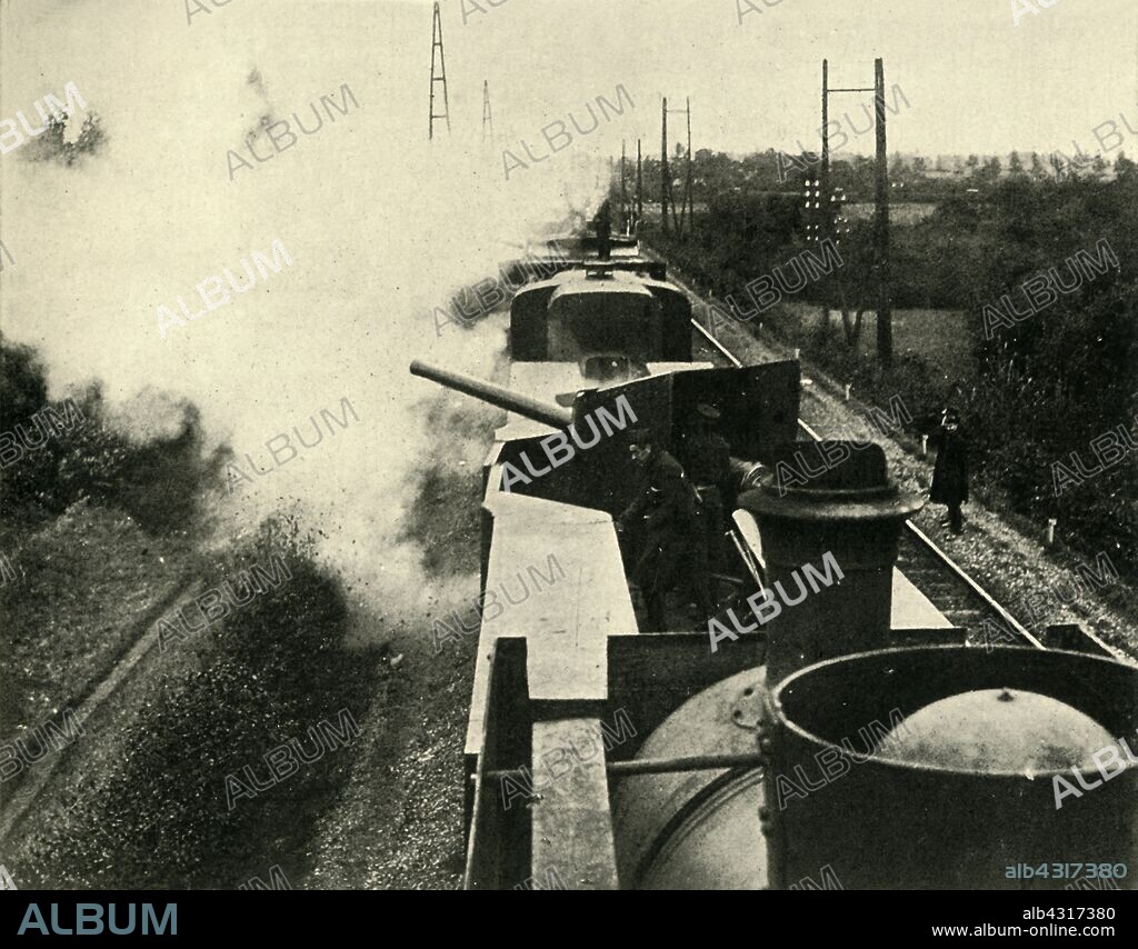 British Navy armoured train, First World War, 1914, (c1920). 'The Handy Man Ashore: one of the British Navy's armoured trains at the Front'. From "The Great World War - A History" Volume I, edited by Frank A Mumby. [The Gresham Publishing Company Ltd, London, c1920].