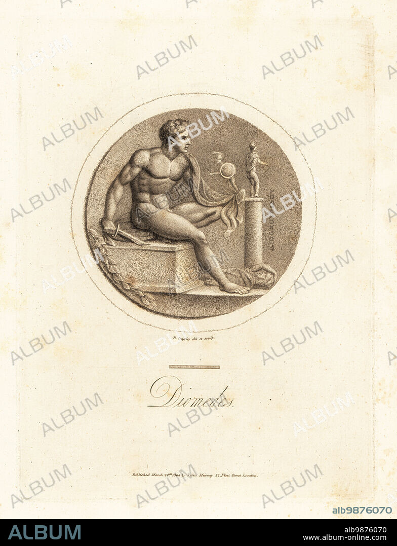 Figure of Diomedes with short sword holding the Palladium, a wooden image of Pallas. King of Argos, hero in the Trojan War. On cornelian in the Duke of Devonshire's collection. Copperplate engraving drawn and engraved by Richard Dagley from Gems, Selected from the Antique, with Illustrations, John Murray, London, 1804.