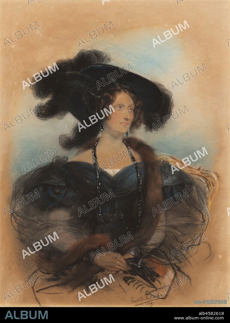 Jane Jarvis, 1830-1831. This portrait of an English woman named Jane Jarvis probably shows her not too long after the death of her father. Her jet black jewels are French, but her low-neck dress, which represents the last stage of the mourning period, could be French or English. With his pastels, Delaroche created a dashingly decorative image that highlights and complements the elaborate dress depicted. The large Renaissance-style hat seems to float against the creamy blues and beiges of the background. Below, the chalky pastel describes the particular appearance of the arms seen through the gauzy material of the sleeves, and energetic stray lines around the body add an ornamental flourish of technical virtuosity.