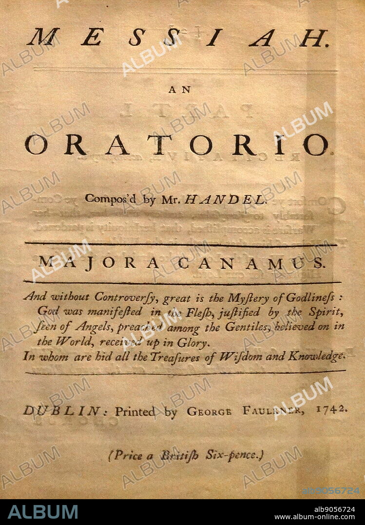 Messiah is an English-language oratorio composed in 1741 by George Frideric Handel. It was first performed in Dublin on 13 April 1742 and received its London premiere nearly a year later. George Frederick Handel (1685 - 1759) German-British Baroque composer well known for his operas, oratorios, anthems, concerti grossi, and organ concertos.