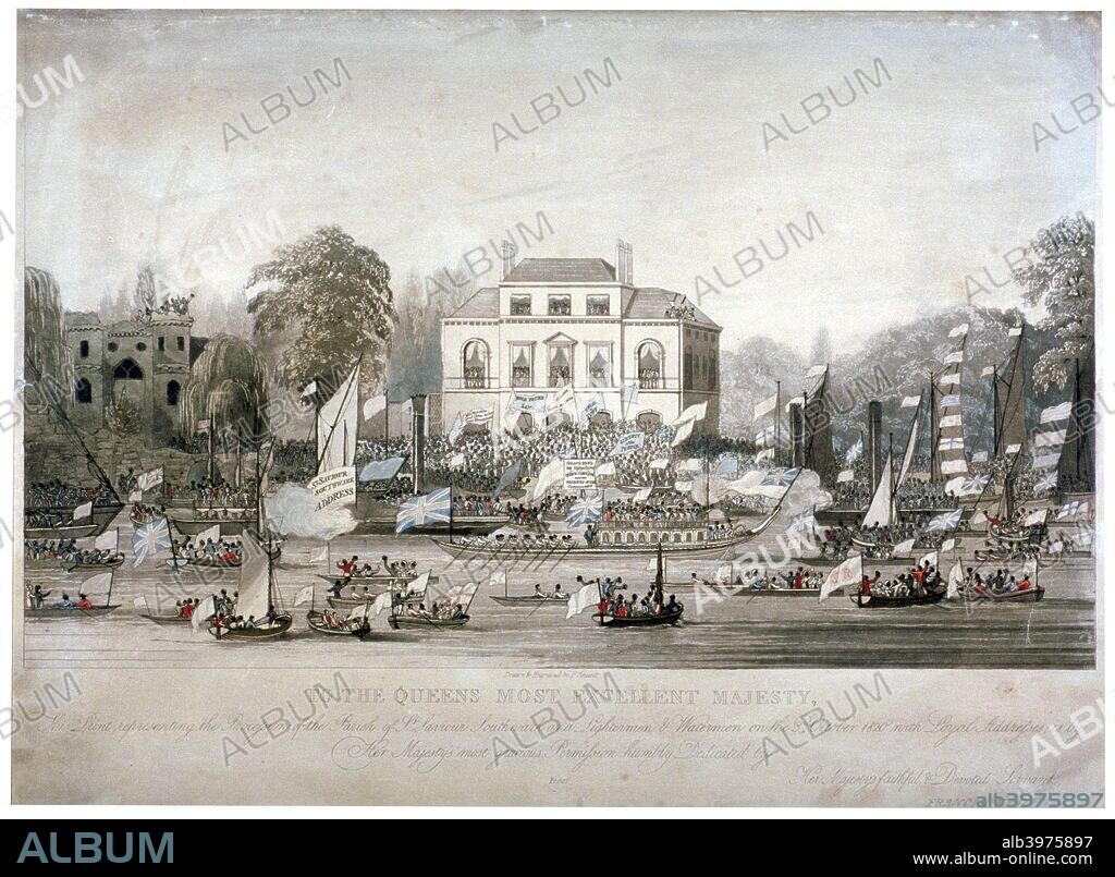 Scene on the Thames at Brandenburgh House, Hammersmith, London, 1820. The Watermen and Lightermen of the River Thames and parishioners of St Saviour, Southwark presenting a loyal address to Queen Caroline during the governmental attempts to deprive her of her title and privileges and to dissolve her marriage to the King.
