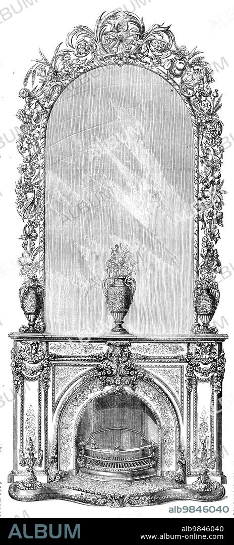 Stove, Mantelpiece, and Looking-Glass for the Sultan of Turkey, 1858. 'We have engraved a design of Grates and Mantlepieces, with mirrors in carved frames, richly gilt in mat and burnished gold, executed by Alderman Copeland, of Stoke-upon-Trent and New Bond-street, for the palace of the Sultan on the Bosphorus, to be placed in the Saloon Mahben. The whole of the mantelpieces are composed of fine porcelain slabs, richly decorated with groups of fruit and flowers, &c., mounted in ormolu mouldings and enrichments. The vases on the mantelpieces are also of fine porcelain, decorated with coloured grounds and rich elaborate designs in mat, chased and burnished gold. The grates, hearths, and fenders were manufactured by Messrs. Stuart and Smith, of Sheffield'. From "Illustrated London News", 1858.