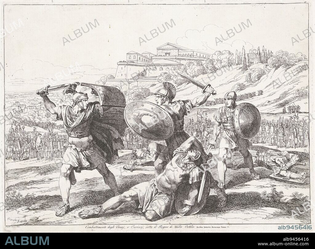 Battle between the Horatii and the Curatii, Bartolomeo Pinelli, 1817, Duel between the Horatii and Curiatii, two triplets of Roman and Albanian descent respectively. Here Publius Horatius kills the wounded Curiatii one by one. Romans encourage him., print maker: Bartolomeo Pinelli, (mentioned on object), Bartolomeo Pinelli, (mentioned on object), Rome, 1817, paper, etching, h 318 mm × w 425 mm.
