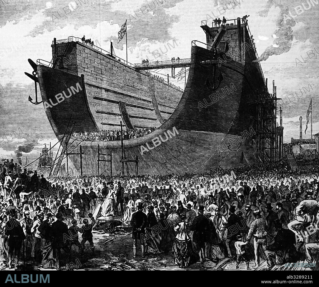 Engraving depicting the first attempt to launch the Bermuda floating dock from Woolwich. Dated 19th Century.