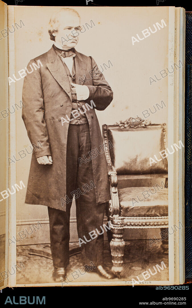 Portrait of Vice President Andrew Johnson commissioned by John B. Bachelder to solicit subscribers for prints of Alonzo Chappel's painting The Last Hours of Lincoln, 1865. Photographed by Mathew B. Brady, Washington, D.C., 1865.