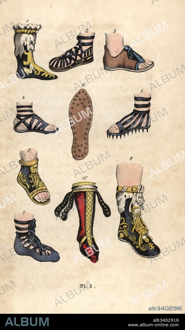 Shoes, boots and sandals of ancient Rome. Cothurnus boot 1, rustic sandal 2, open-toe shoe 3, centurion's sandal 4, spiked sandal for marching 5, nailed sandal sole 6, shoe sandal 7, emperor's boot 8, ornamented open-toe boot 9, and Dacian boot 10. Handcoloured copperplate engraving from J. Sparkes Hall's Book of the Feet, HIstory of Boots and Shoes, New York, 1847.