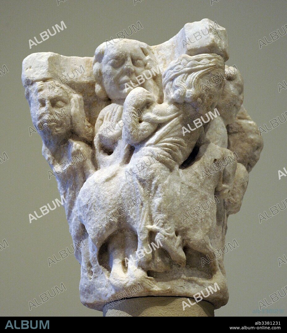 Capitel historiado. Primer cuarto del siglo XIII. Anónimo. Románico. Mármol. Procedente de alguna iglesia de Cataluña. Museo Nacional de Arte de Cataluña. Barcelona. Cataluña. España. Capital with story. First quarter of 13th century. Anonymous. Romanesque. Marble. From Catalonia. National Art Museum of Catalonia. Barcelona. Catalonia. Spain.