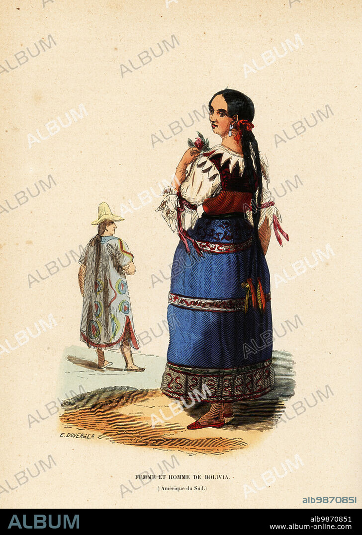 Low-class Quechua woman and man of Chuquisaca, Bolivia, South America. She wears a round pleated and embroidered dress, white bodice, and wears her hair in several long braids. The man in sugar-loaf hat, long colorful coat and leather sandals. Femme et homme de Bolivia, ou femme quicha de la classe inferieure, Amerique du Sud. Handcoloured woodcut by E. Duverger from Auguste Wahlen's Moeurs, Usages et Costumes de tous les Peuples du Monde, (Manners, Customs and Costumes of all the People of the World) Librairie Historique-Artistique, Brussels, 1845. Wahlen was the pseudonym of Jean-Francois-Nicolas Loumyer (1801-1875), a writer and archivist with the Heraldic Department of Belgium.