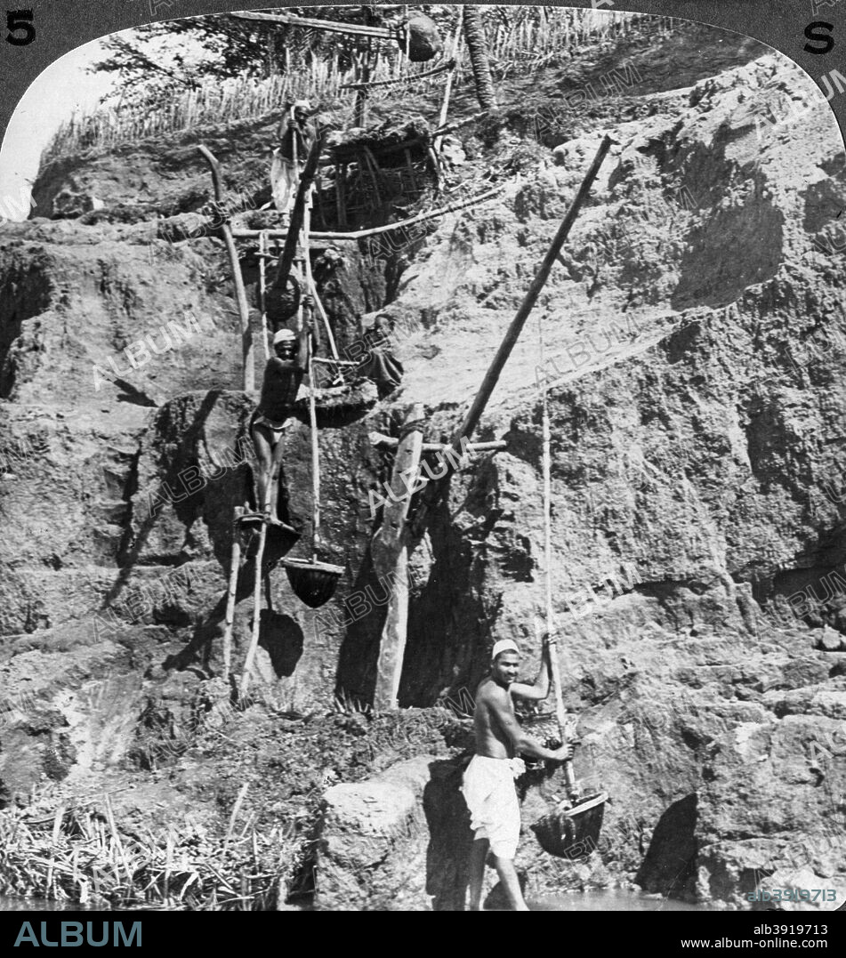 An Egyptian 'shaduf' lifting the Nile waters to the thirsty fields, Egypt', 1905. 'For many thousands of years this device has been used. A pole, with a weight or counterpoise at one end and a bucket hanging from the other, is suspended at a point not far from the weight, which then, by its simple gravity, draws up the bucket when filled from the waters below. With this primitive equipment, the native raises the water from four to eight feet, though a strong man will lift it much higher.' Stereoscopic card. Detail. From a series called Egypt Through the Stereoscope, text by James H Breasted.